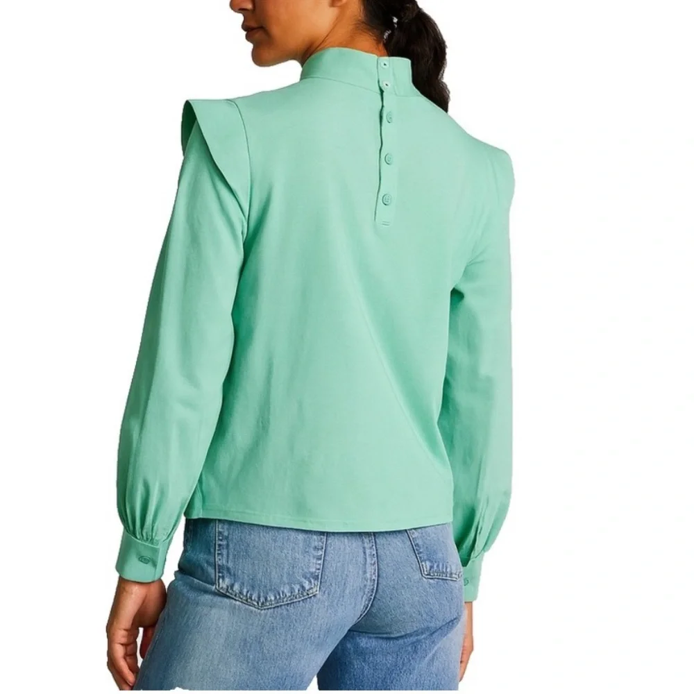 NWT EVERLANE The Wing Shoulder Mock Neck Ruffle Long Sleeve Blouse Green Size 8 - Picture 2 of 11